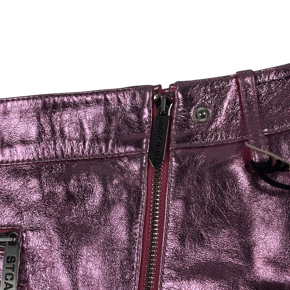 JUST CAVALLI METALLIC PINK LEATHER RIBBED HIGH WAIST MINI MOTO SKIRT - Picture 10 of 15